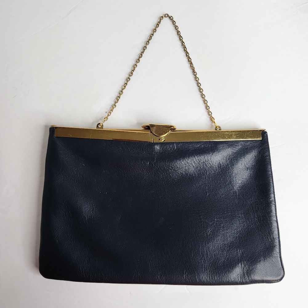Etra Vintage Envelope Leather Clutch Purse, Navy Blue and Gold w Chain Strap